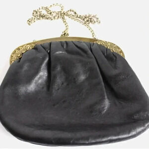 Vintage Victorian Shirl Miller LTD Clutch Black Leather Snap TOP Purse W/ Chain